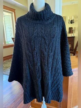 Fat Face Large Pippa Poncho Oversized Navy Blue Cable-Knit